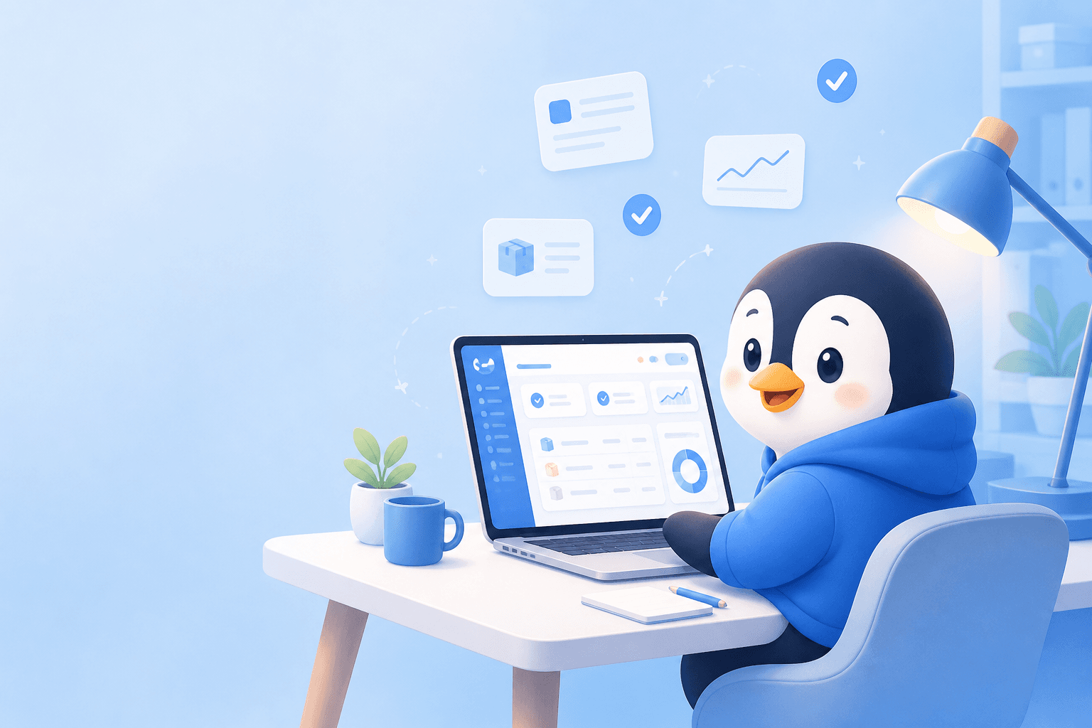Pingüino Fluwow usando el sistema en su computadora